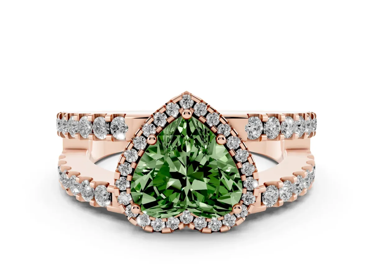 Fancy Green Heart Cut Cut Halo Split Shank Diamond Ring with Four-Prong Setting Rose gold