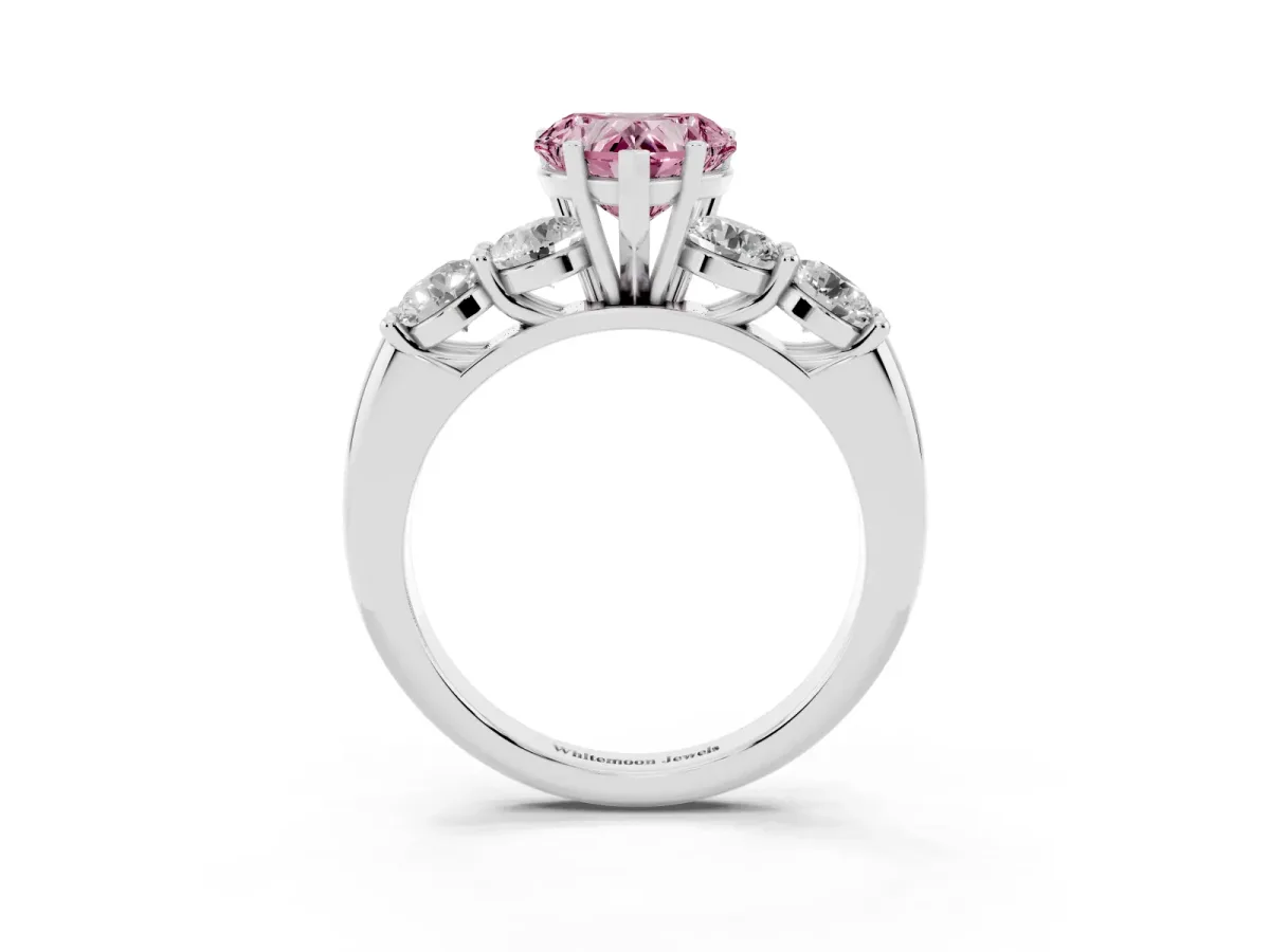 Fancy Pink Heart Cut Cut Five-Stone Prong Set Diamond Ring with Classic Band White gold