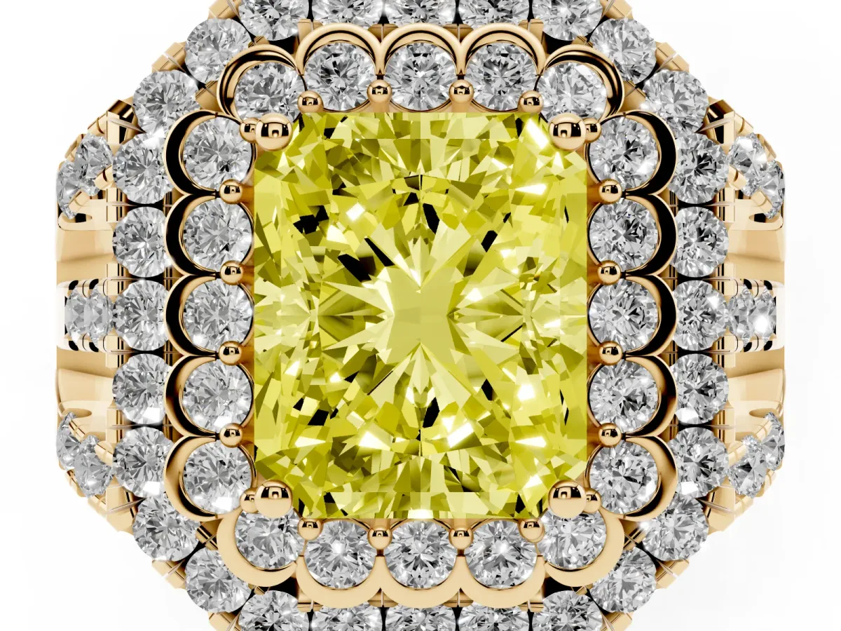 Fancy Yellow Radiant Cut Diamond Double Halo Ring with Round Pavé Split Shank and Prong Setting Yellow gold