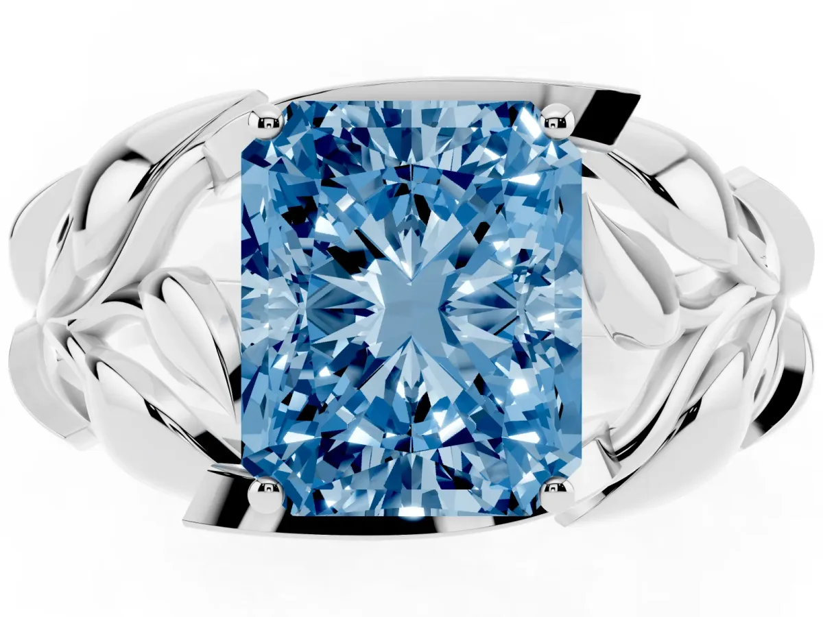 Fancy Blue Radiant Cut Diamond Leaf-Inspired Engagement Ring with Round Accents and Prong Setting White gold
