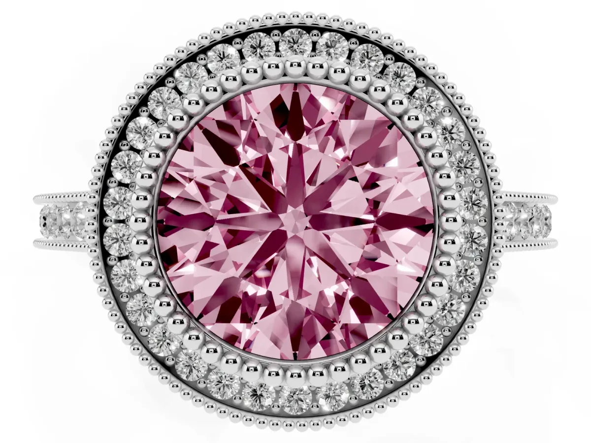 Fancy Pink Round Cut Diamond Halo Ring with Milgrain Frame and Pavé Band Silver