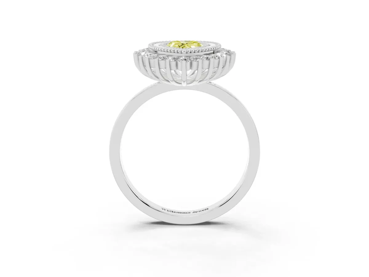 Fancy Yellow Pear Cut Halo Diamond Ring with Milgrain Edge and Round Prong Setting Silver