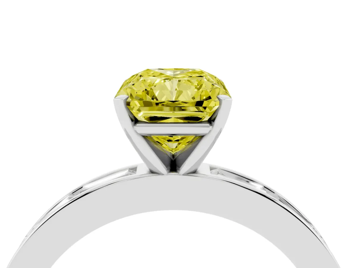 Fancy Yellow Radiant Cut Solitaire Diamond Ring with Channel-Set Baguette Band and Four-Prong Setting Platinum