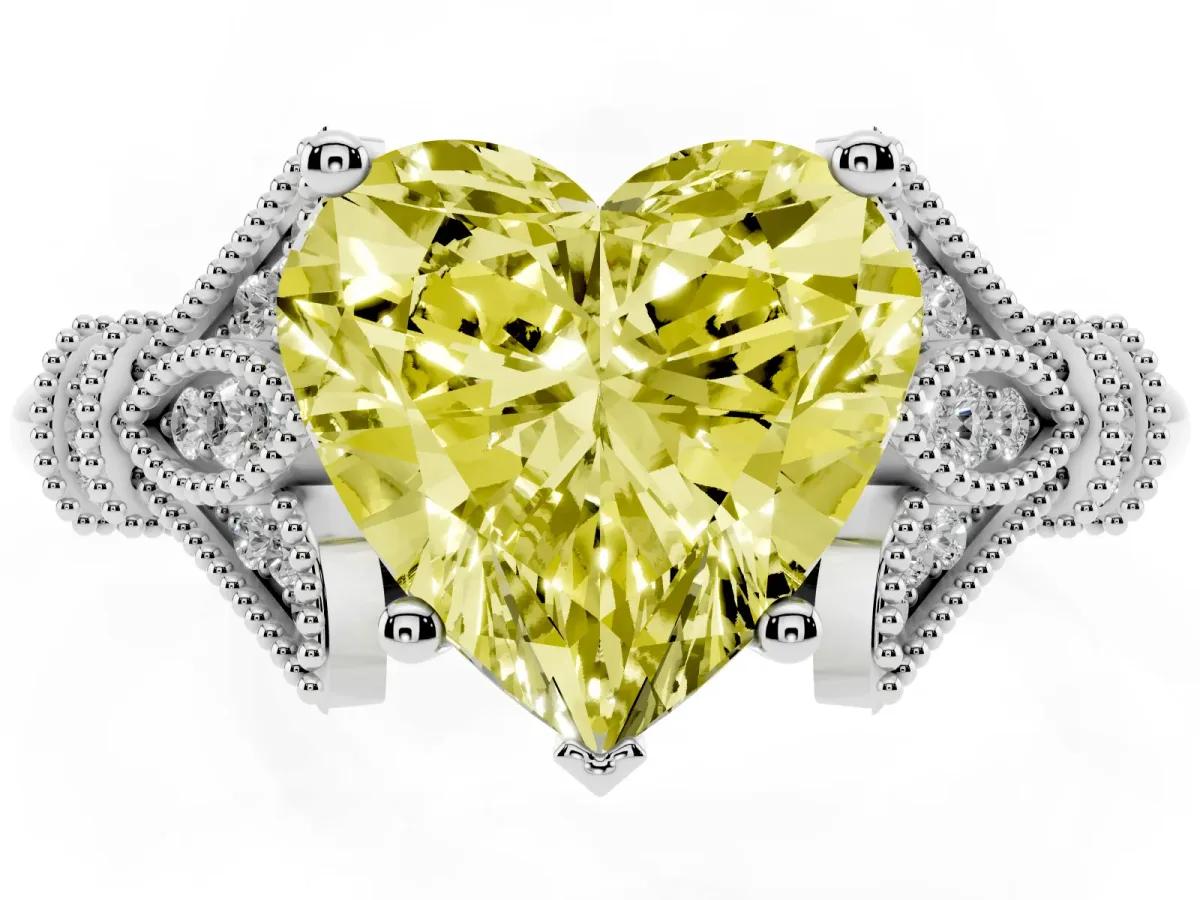Fancy Yellow Heart Cut Diamond Solitaire Ring with Floral Filigree and Pave Accents Platinum