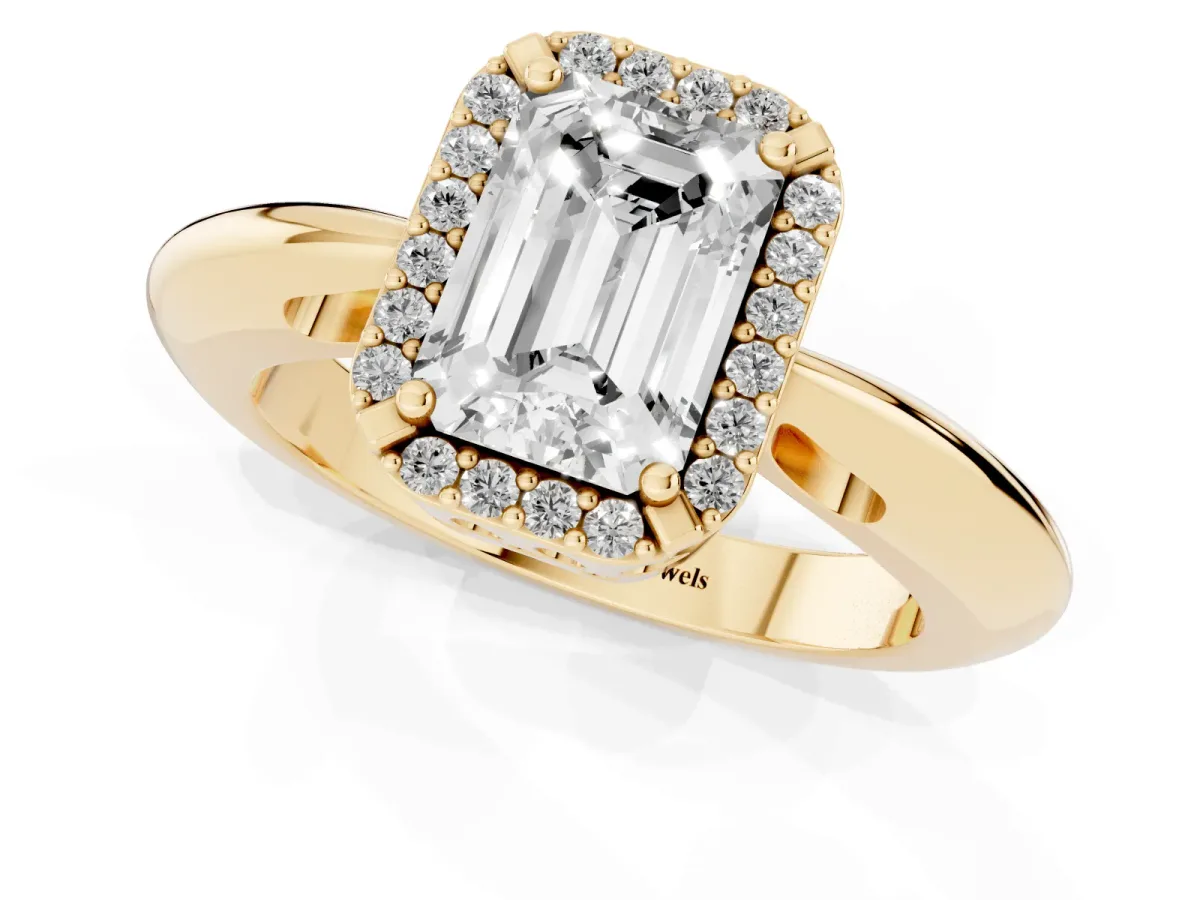 Emerald Cut Cut Diamond Halo Engagement Ring with Split Shank and Four-Prong Setting Yellow gold