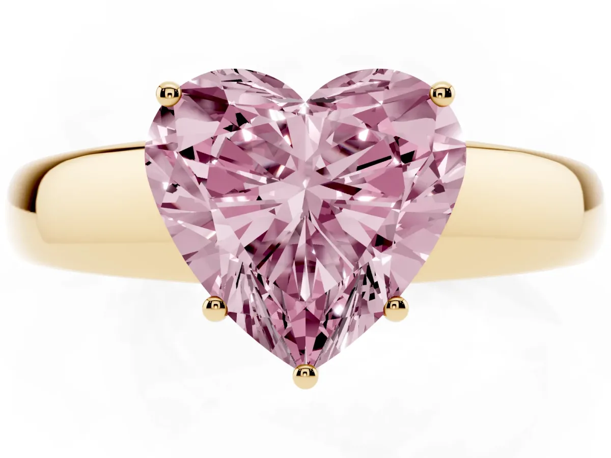 Fancy Pink Heart Cut Solitaire Diamond Ring with Tapered Band and Four-Prong Setting Yellow gold
