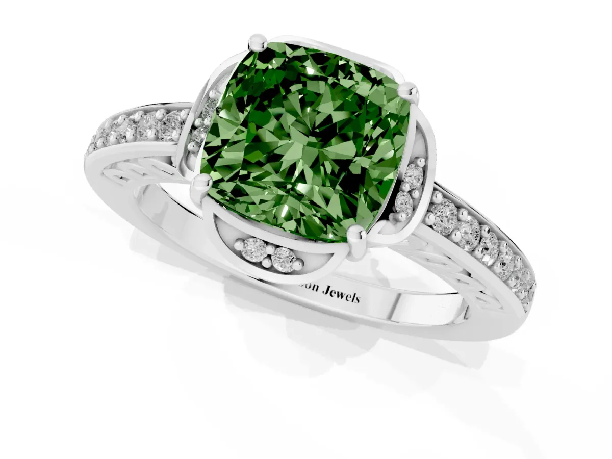 Fancy Green Cushion Cut Cut Halo Diamond Ring with Channel Set Band and Four-Prong Setting Platinum