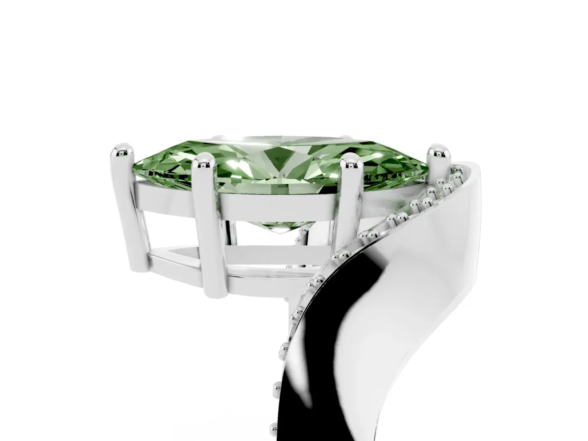 Fancy Green Marquise Cut Solitaire Diamond Engagement Ring with Pave Band and Four-Prong Setting White gold
