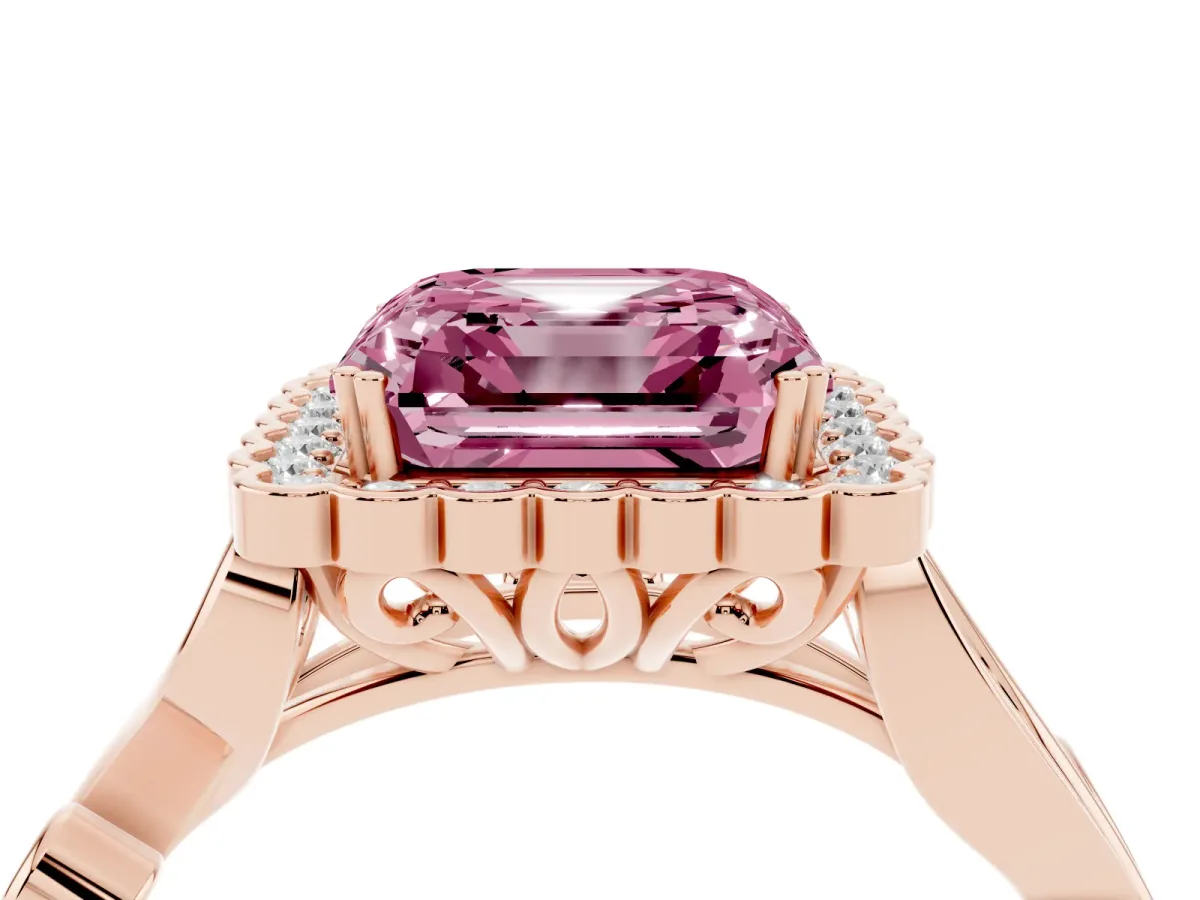 Fancy Pink Asscher Cut Diamond Halo Ring with Vintage Split Shank and Four-Prong Setting Rose gold