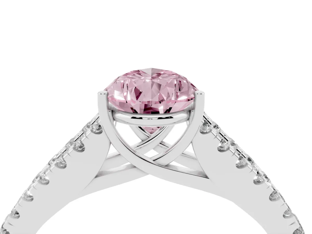 Fancy Pink Pear Cut Diamond Split Shank Engagement Ring with Round Pavé and Prong Setting Platinum