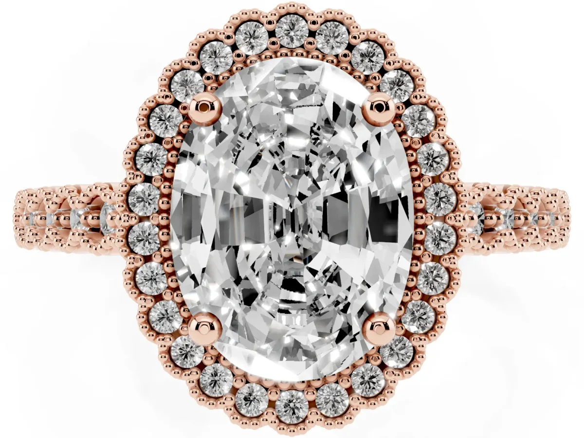 Oval Cut Cut Halo Pavé Solitaire Ring with Milgrain Band Rose gold