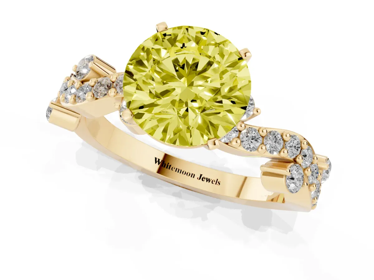 Fancy Yellow Round Cut Cut Solitaire Diamond Twisted Band with Pave Setting Yellow gold