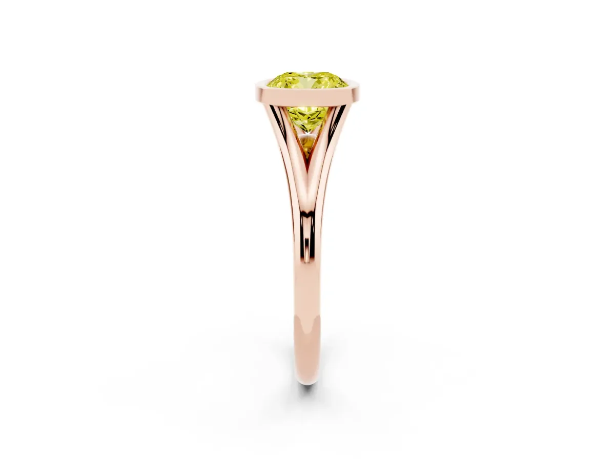 Fancy Yellow Bezel Set Cushion Cut Cut Solitaire Ring with Tapered Band Rose gold