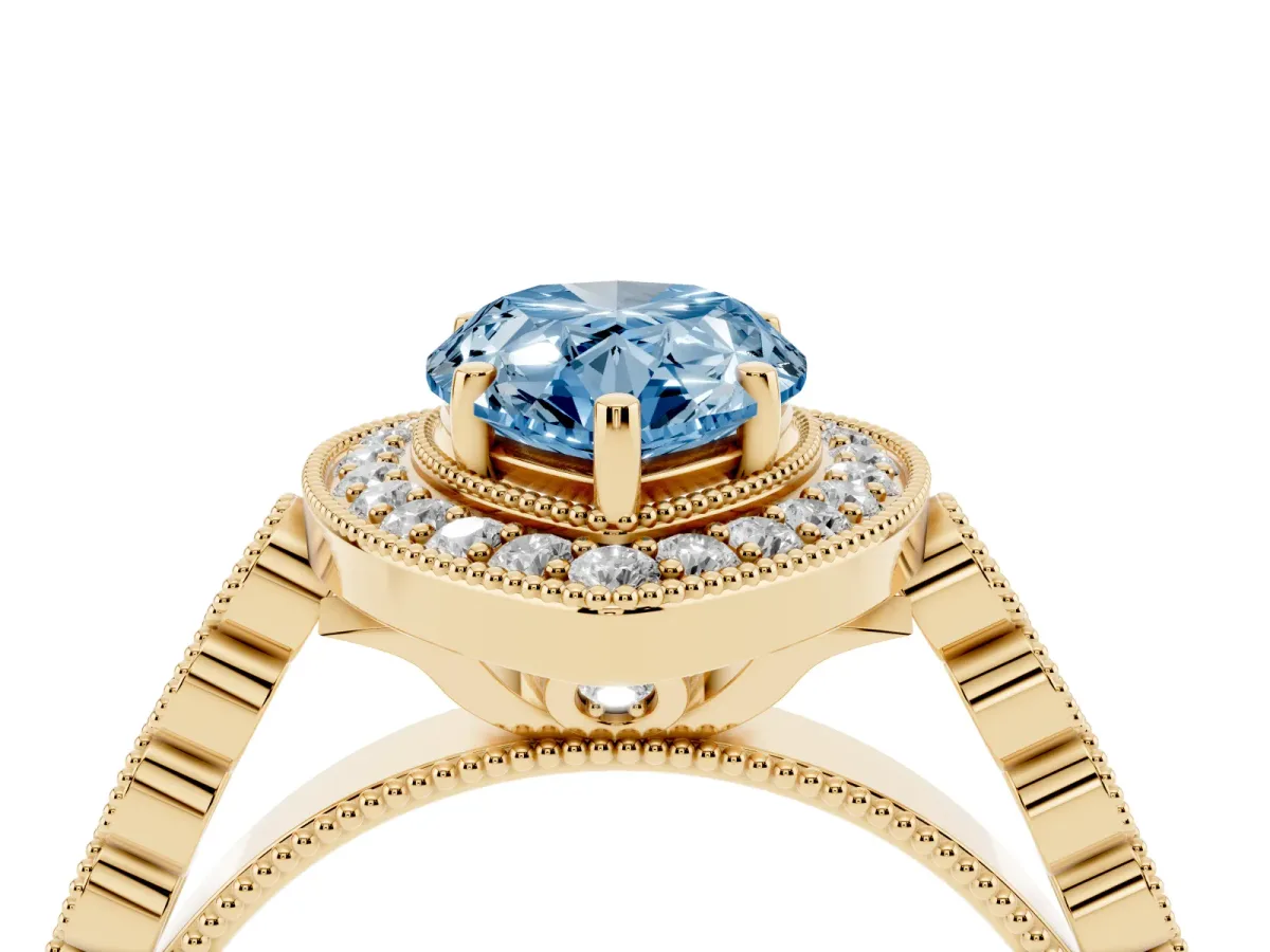 Fancy Blue Pear Cut Halo Twist Band Solitaire Ring with Six-Prong Setting Yellow gold