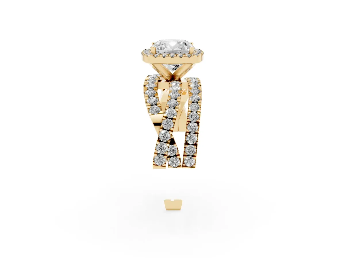 Cushion Cut Diamond Halo Ring with Round Split Shank and Prong Setting Yellow gold