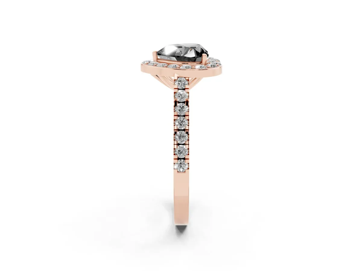 Fancy Black Heart Cut Diamond Halo Ring with Round Pavé Split Shank and Prong Setting Rose gold