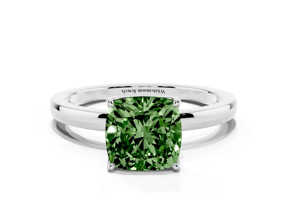 Fancy Green Cushion Cut Diamond Solitaire Ring with Thin Band and Prong Setting White gold
