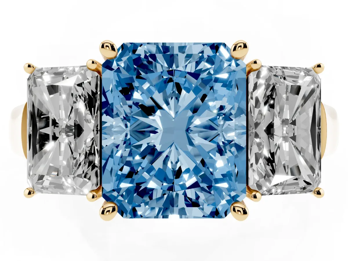 Fancy Blue Three-Stone Radiant Cut Brilliant Diamond Trellis Ring with Comfort Fit Band Yellow gold
