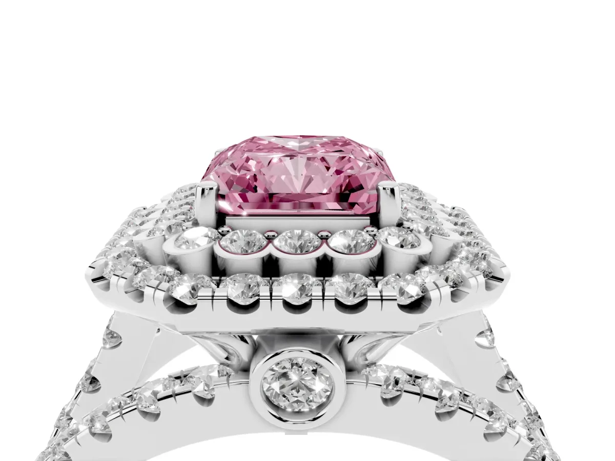 Fancy Pink Radiant Cut Diamond Double Halo Ring with Round Pavé Split Shank and Prong Setting Silver