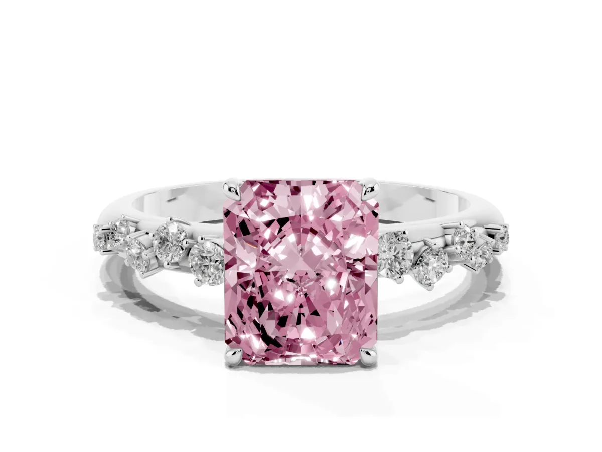 Fancy Pink Radiant Cut Diamond Cluster Prong-Set Solitaire Ring Silver
