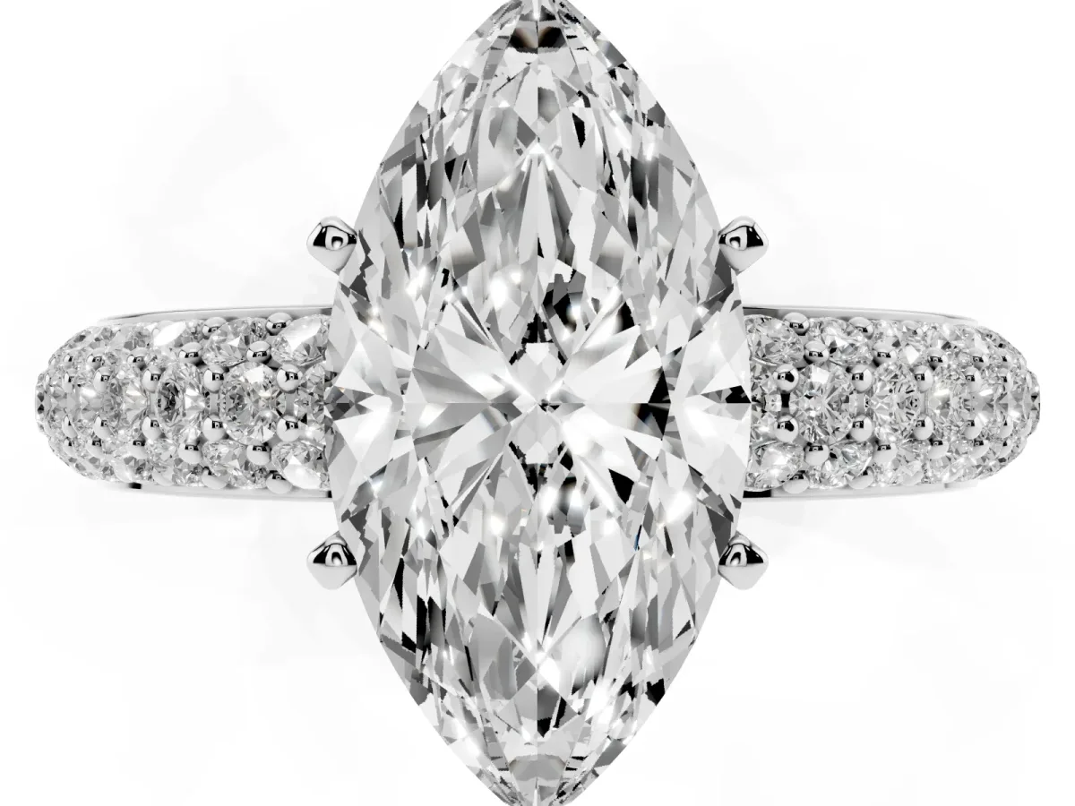 Marquise Cut Diamond Solitaire Ring with Prong Setting and Pavé Band Silver
