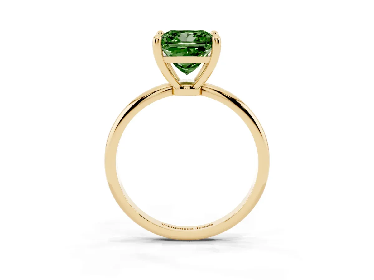 Fancy Green Princess Cut Solitaire Diamond Ring with 4-Prong Setting on a Classic Band Yellow gold