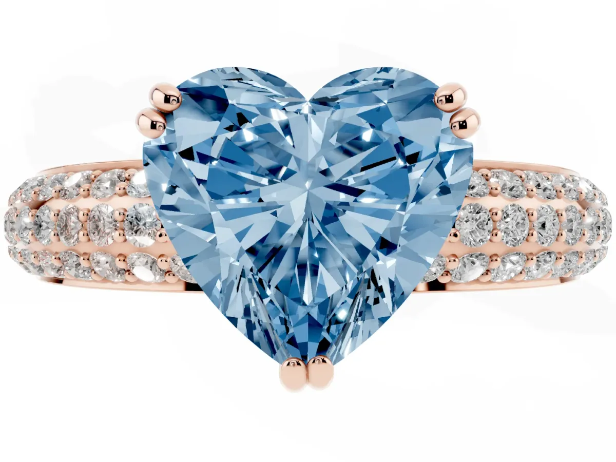 Fancy Blue Heart Cut Diamond Solitaire Ring with Multi-Row Round Pavé Band and Prong Setting Rose gold