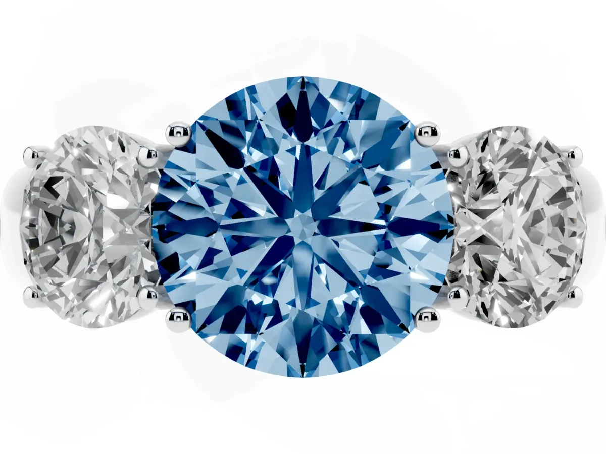 Fancy Blue Three-Stone Round Cut Cut Diamond Ring with Prong Setting and Classic Band Silver