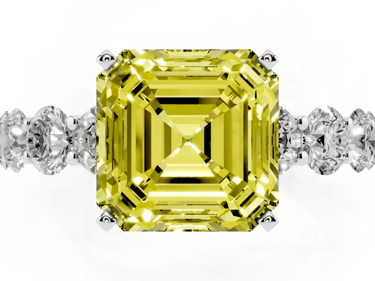 Fancy Yellow Asscher Cut Diamond Prong Setting with Side Stones on a Pave Band Silver