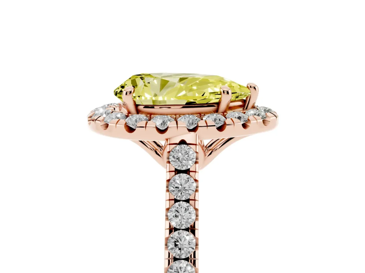 Fancy Yellow Pear Cut Halo Pavé Diamond Engagement Ring with Four-Prong Setting Rose gold