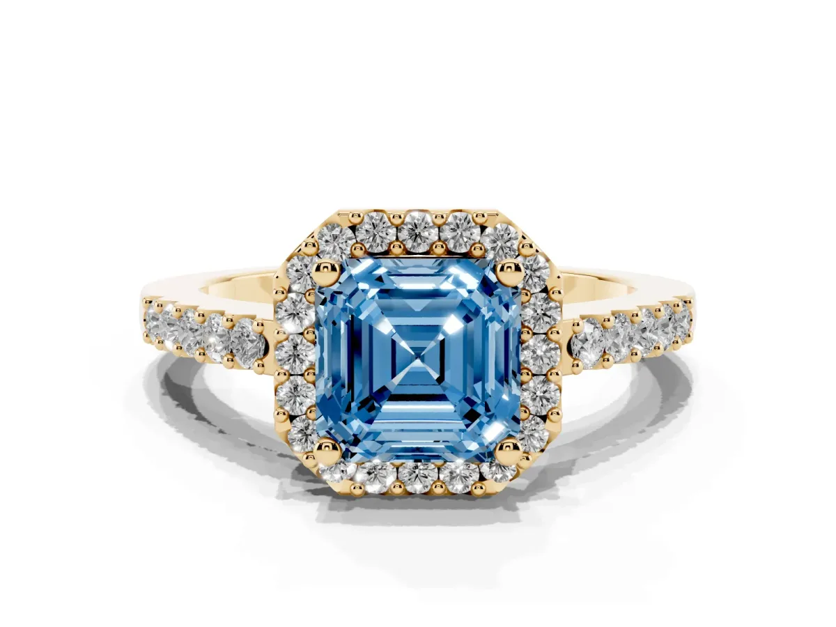 Fancy Blue Asscher Cut Halo Diamond Pavé Solitaire Ring Yellow gold