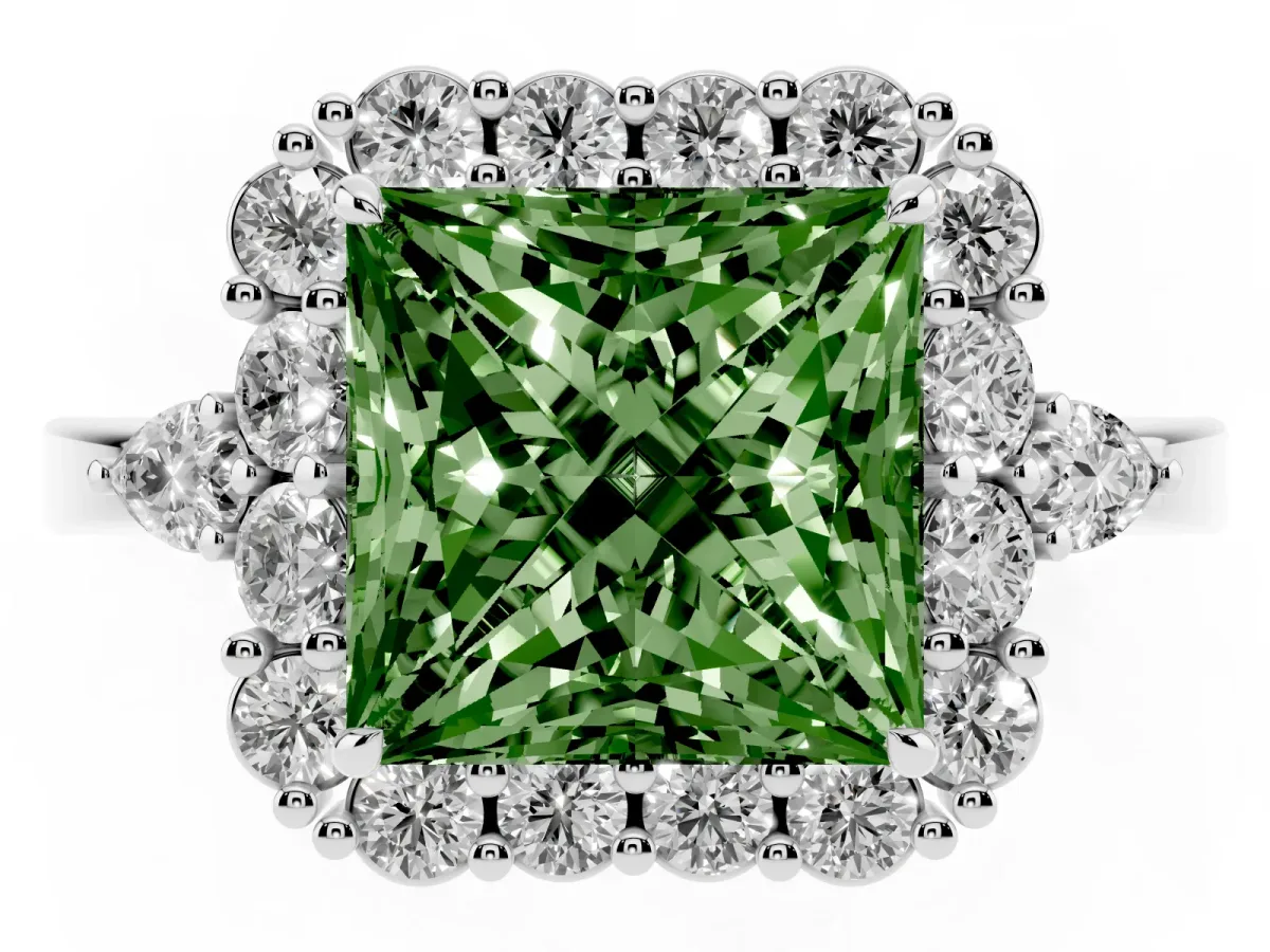 Fancy Green Princess Cut Diamond Halo Ring with Pear Side Stones and Prong Setting Platinum