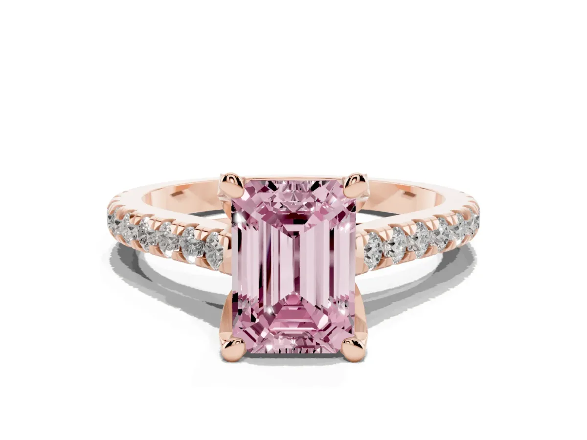 Fancy Pink Emerald Cut Brilliant Diamond Solitaire with Pavé Band and Four-Prong Setting Rose gold