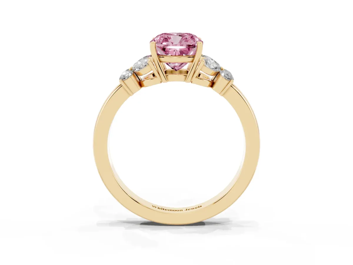 Fancy Pink Cushion Cut Cut Solitaire Floral Diamond Ring with Four-Prong Setting Yellow gold
