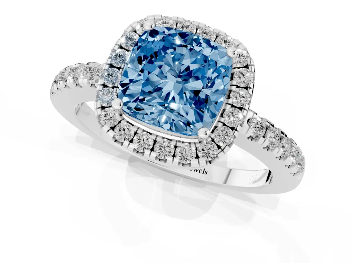Fancy Blue Cushion Cut Halo Diamond Engagement Ring with Pavé Band and Four-Prong Setting Platinum