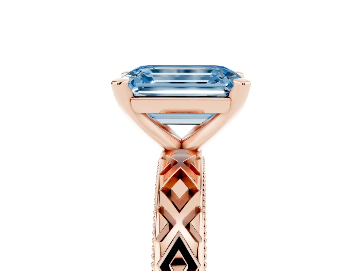 Fancy Blue Emerald Cut Solitaire Diamond Ring with Milgrain and Black Enamel X Pattern Band Rose gold