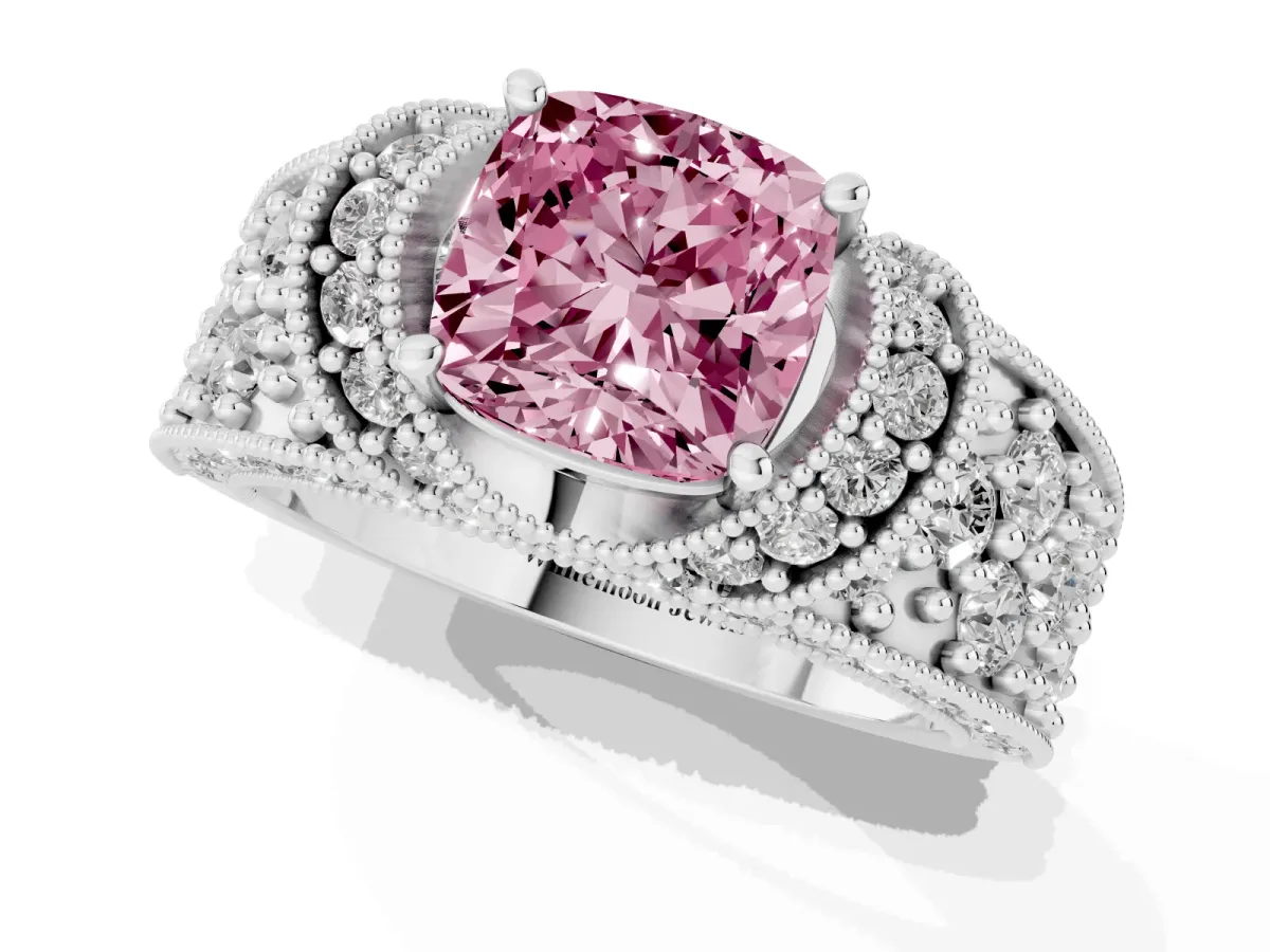 Fancy Pink Cushion Cut Halo Pave Diamond Engagement Ring with Milgrain Detailing Silver