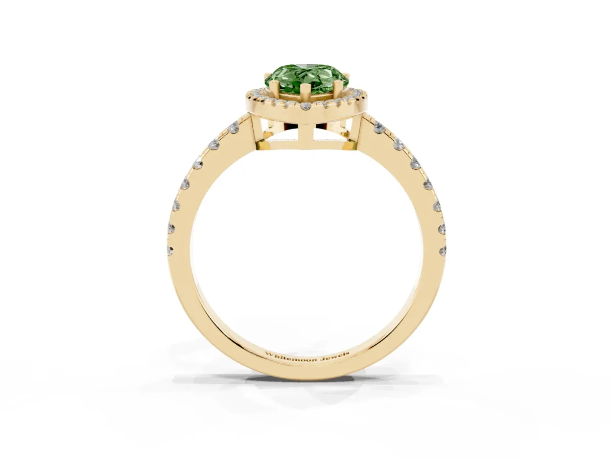 Fancy Green Pear Cut Diamond Halo Ring with Pavé Band and Four-Prong Setting Yellow gold