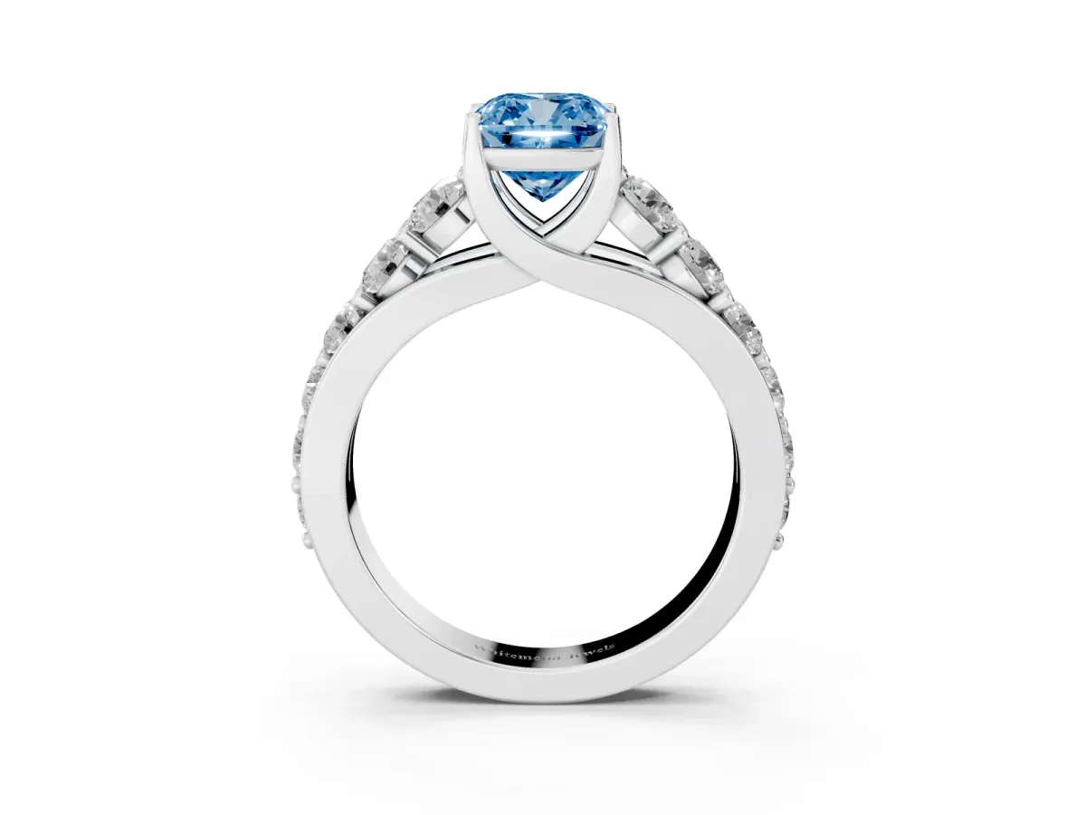 Fancy Blue Cushion Cut Diamond Engagement Ring with Pavé Band and Four-Prong Setting Silver