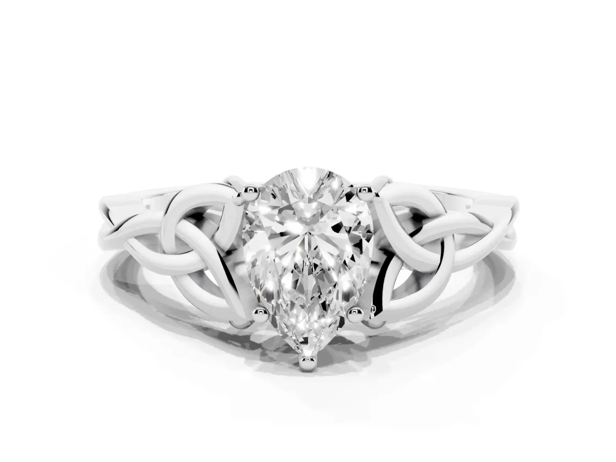 Pear Cut Diamond Solitaire Engagement Ring with Celtic Knot Band and Four-Prong Setting White gold