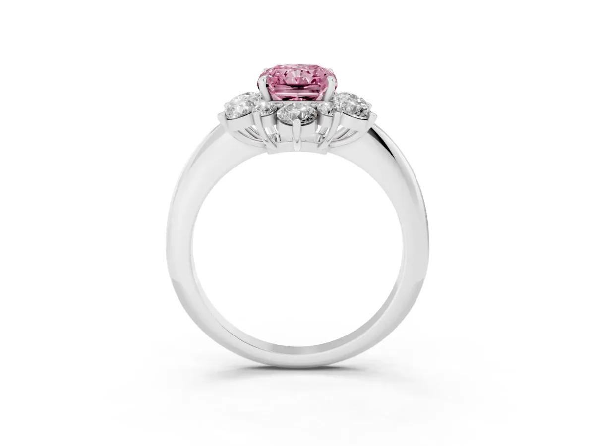 Fancy Pink Radiant Cut Diamond Cluster Halo Ring with Solitaire Band and Four-Prong Setting Silver