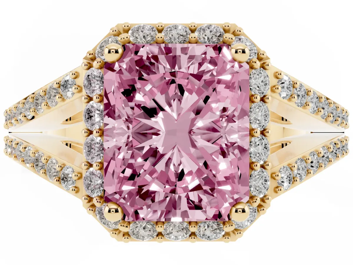 Fancy Pink Radiant Cut Halo Split Shank Pave Diamond Ring with Four-Prong Setting Yellow gold