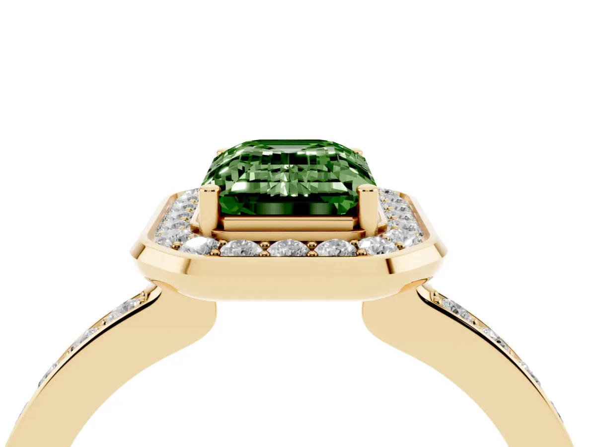 Fancy Green Emerald Cut Diamond Halo Ring with Bezel Frame and Pavé Band Yellow gold