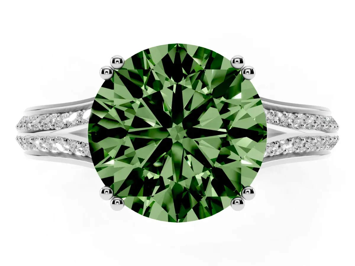 Fancy Green Round Cut Diamond Split Shank Engagement Ring with Pavé Band Platinum