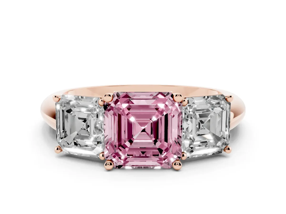 Fancy Pink Three-Stone Asscher Cut Cut Diamond Engagement Ring with Prong Setting on a White Gold Band Rose gold