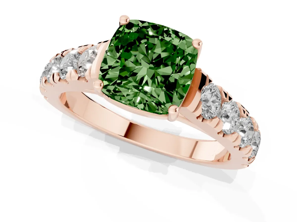 Fancy Green Cushion Cut Cut Diamond Solitaire Ring with Micro Pave Band and Prong Setting Rose gold