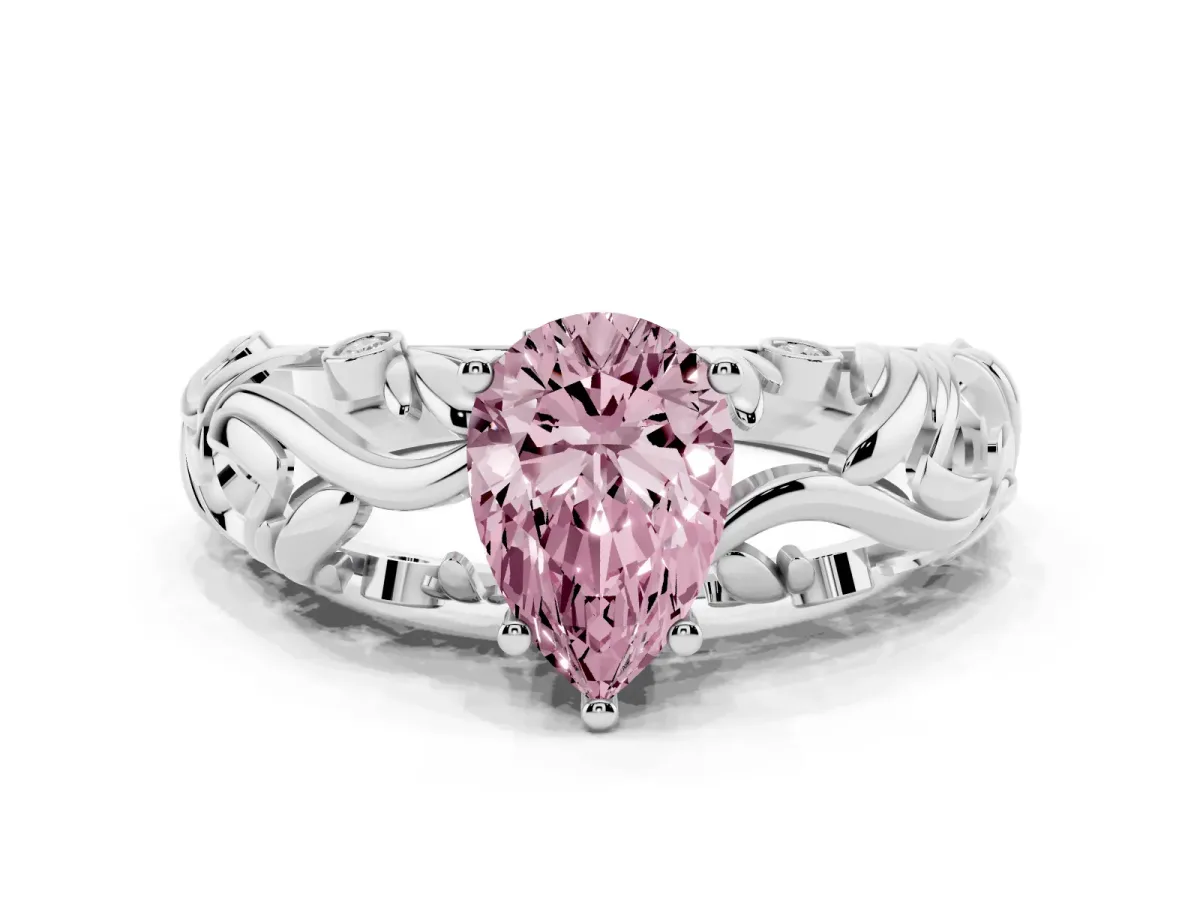 Fancy Pink Pear Cut Solitaire Diamond Leaf-Inspired Vine Band Ring with Prong Setting Silver
