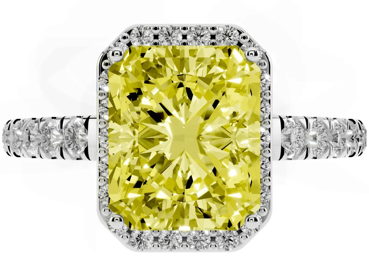 Fancy Yellow Radiant Cut Cut Halo Diamond Engagement Ring with Pave Band and Four-Prong Setting Platinum