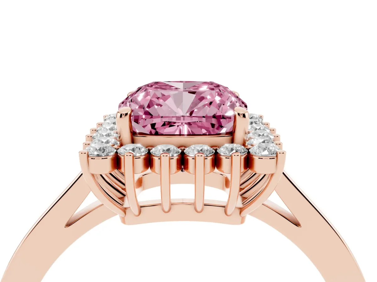 Fancy Pink Cushion Cut Cut Diamond Halo Ring with Round Brilliant Halo and Solitaire Band Rose gold