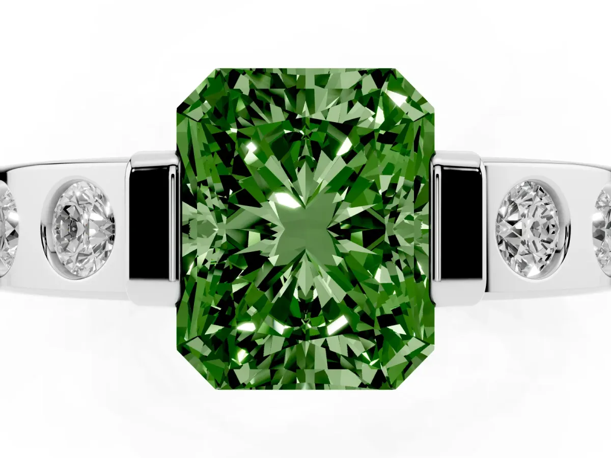 Fancy Green Radiant Cut Brilliant Channel-Set Diamond Ring with Bezel Prong Setting Silver